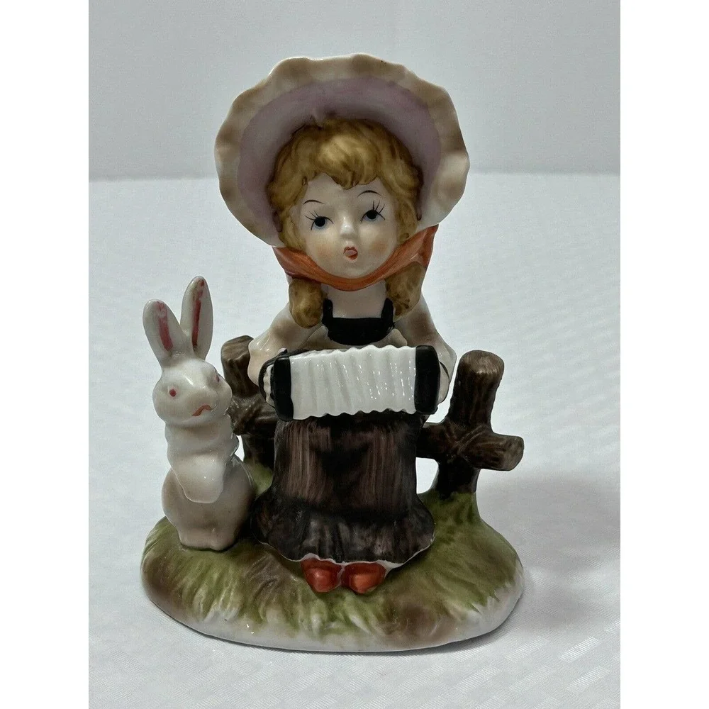 Vintage Porcelain Girl On Fence Playing‎ Accordion with Bunny Rabbit Figurine